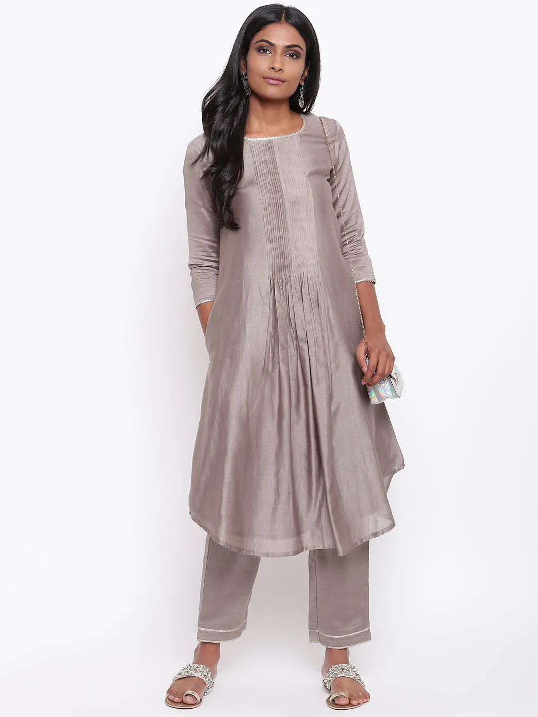 Brown Gota Pleats Kurta Set