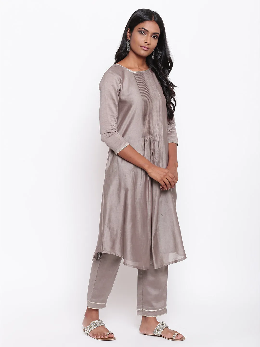 Brown Gota Pleats Kurta Set