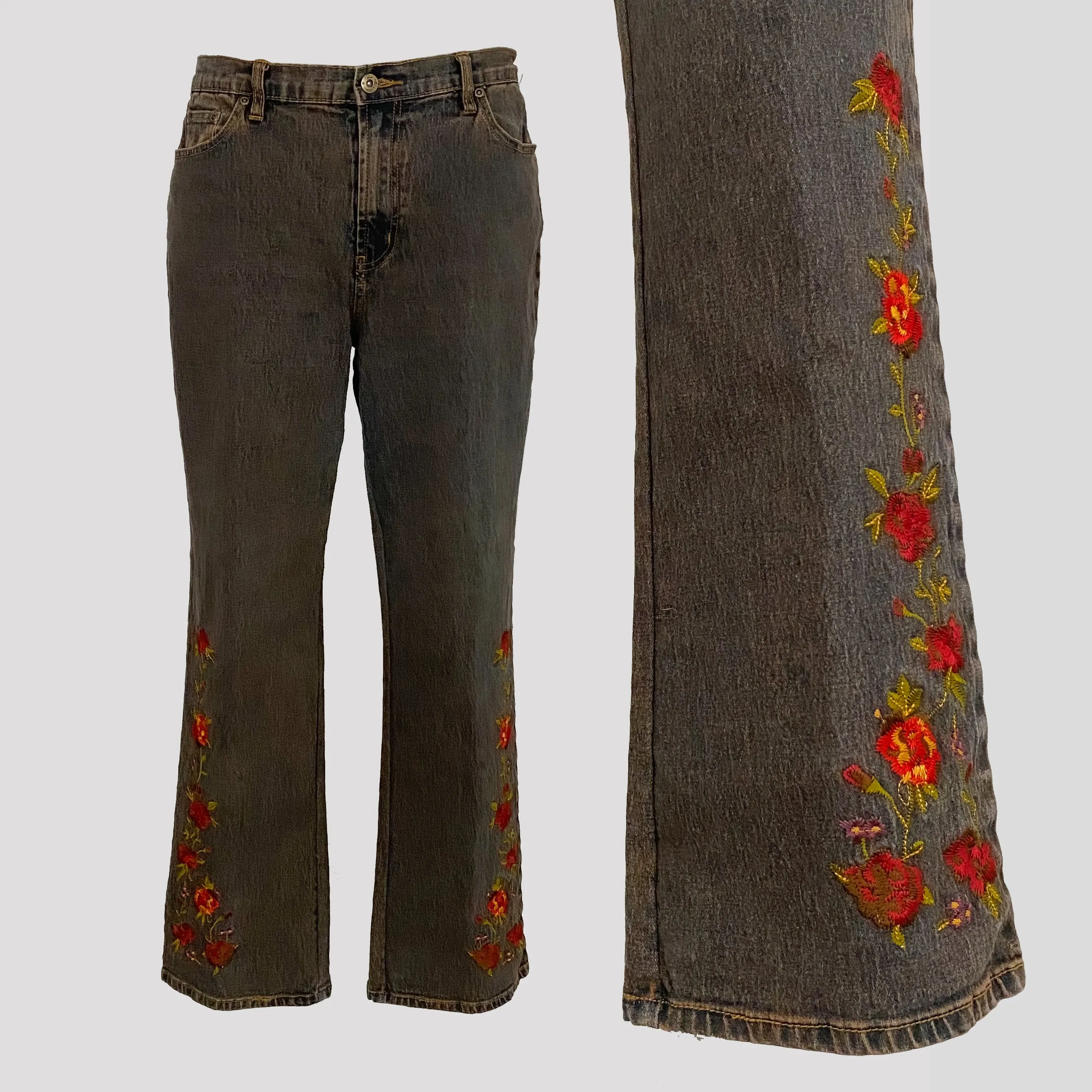 Brown Rose Embroidered Jeans - Large