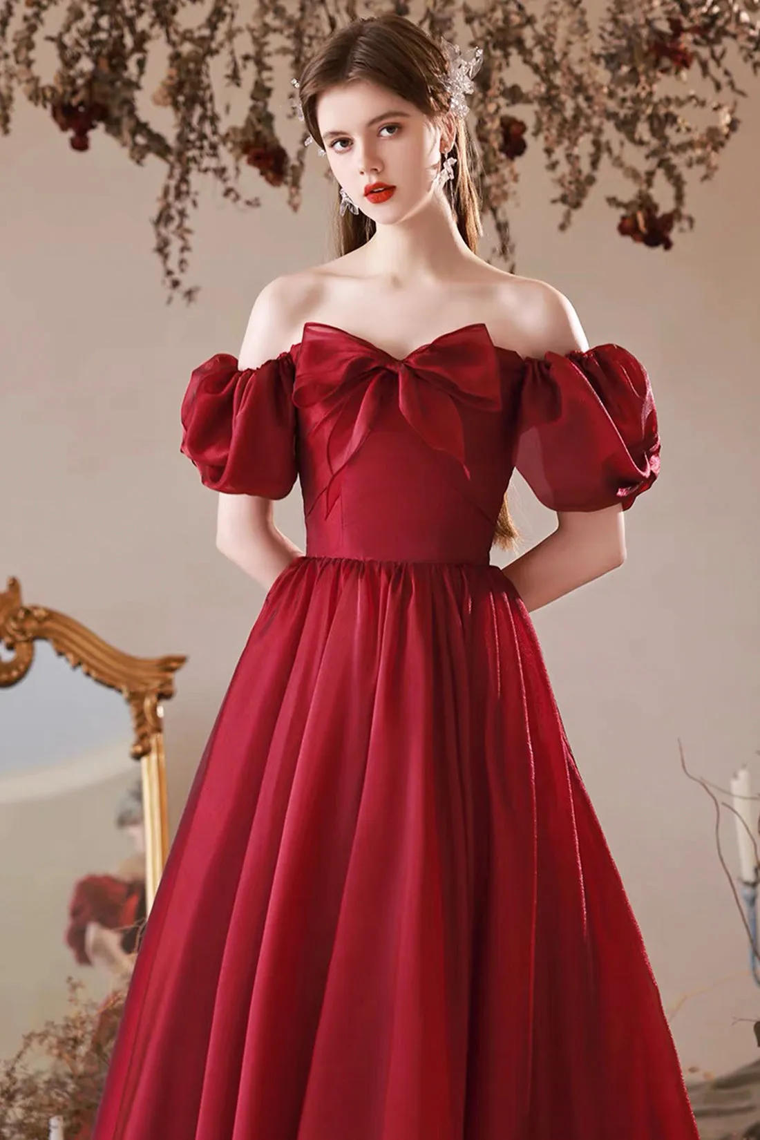 Burgundy Tulle Long Prom Dress, Off the Shoulder Beautiful A-Line Evening Party Dress