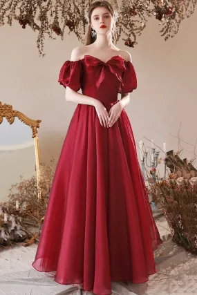 Burgundy Tulle Long Prom Dress, Off the Shoulder Beautiful A-Line Evening Party Dress
