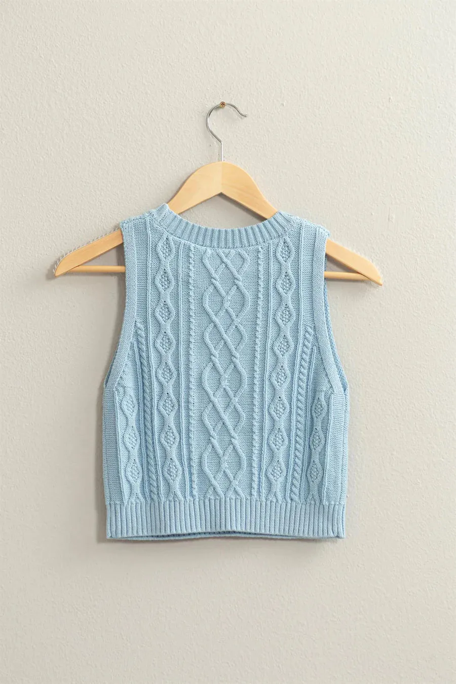 Cable Knit Sweater Vest Long Crop - Blue