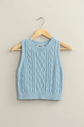 Cable Knit Sweater Vest Long Crop - Blue