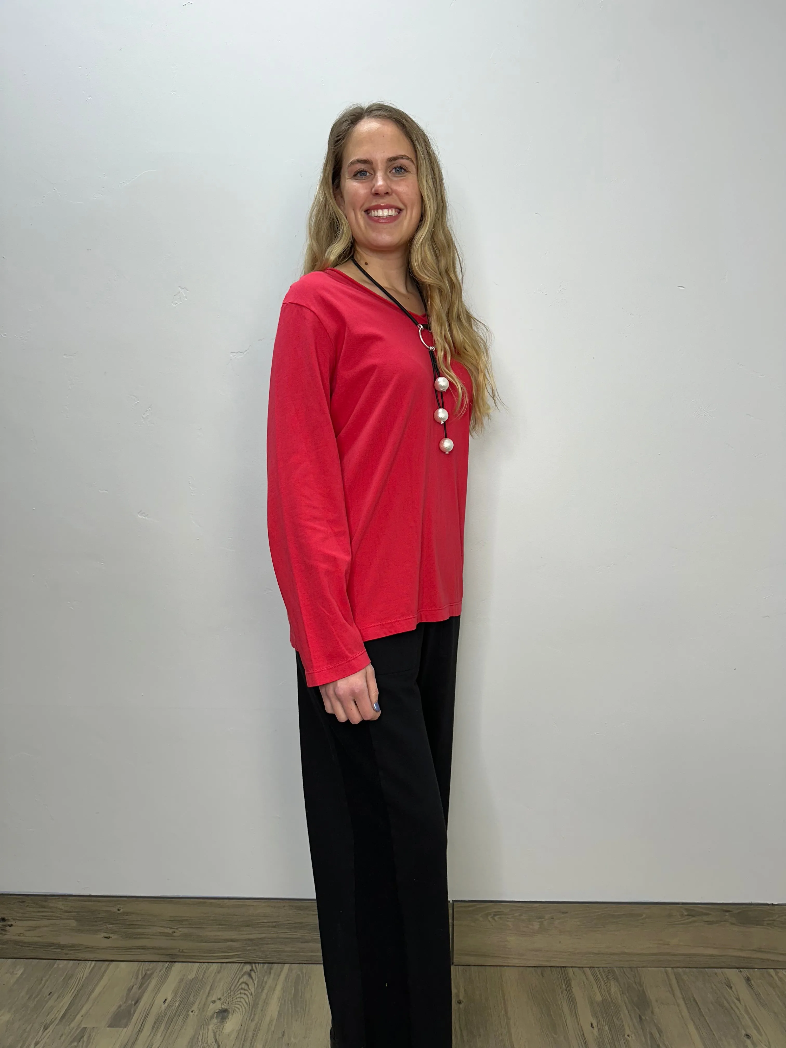 Cherry Red V-Neck Long Sleeve Top