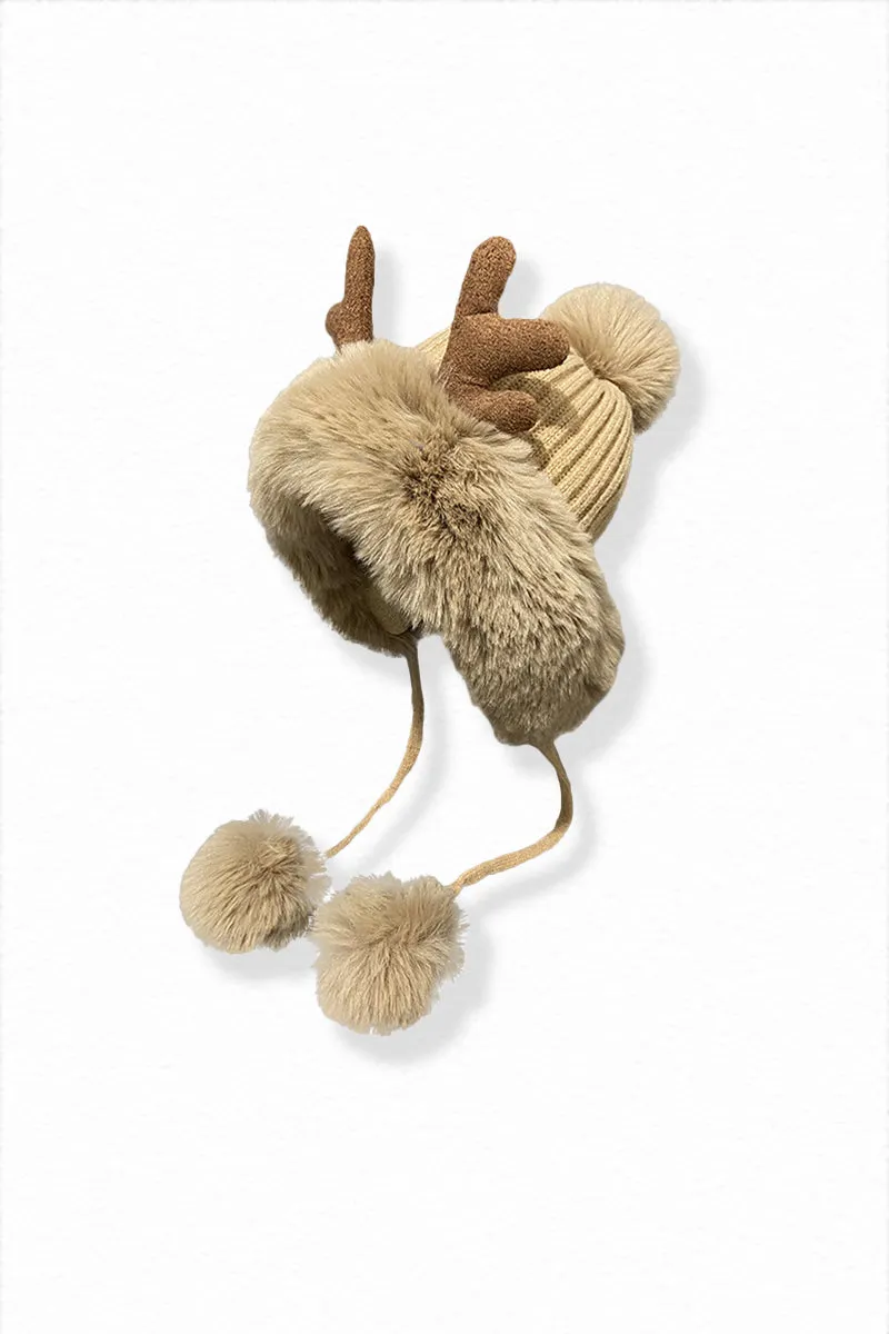 Christmas Fleece-Lined Triple-Pom Beanie hat with Fur Trim