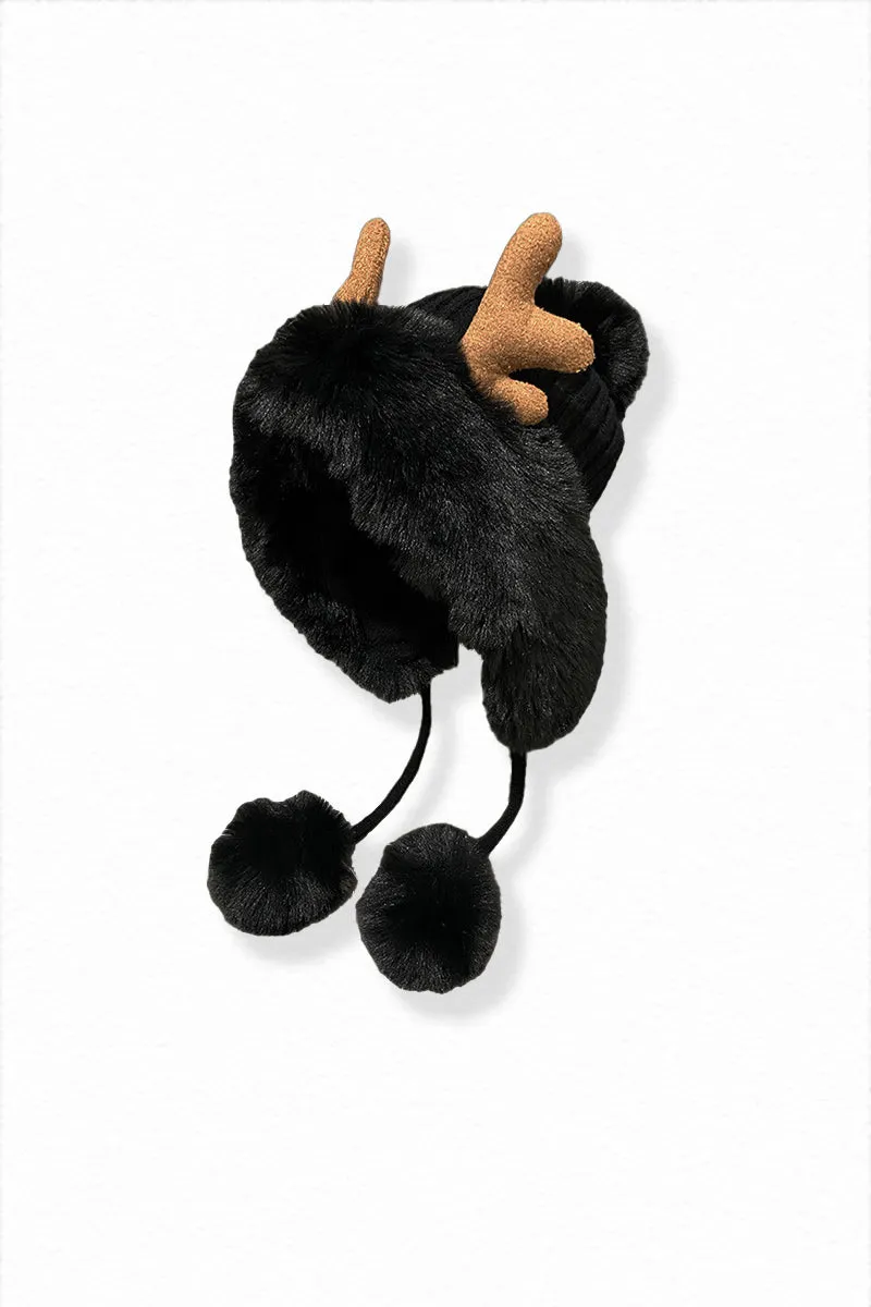 Christmas Fleece-Lined Triple-Pom Beanie hat with Fur Trim
