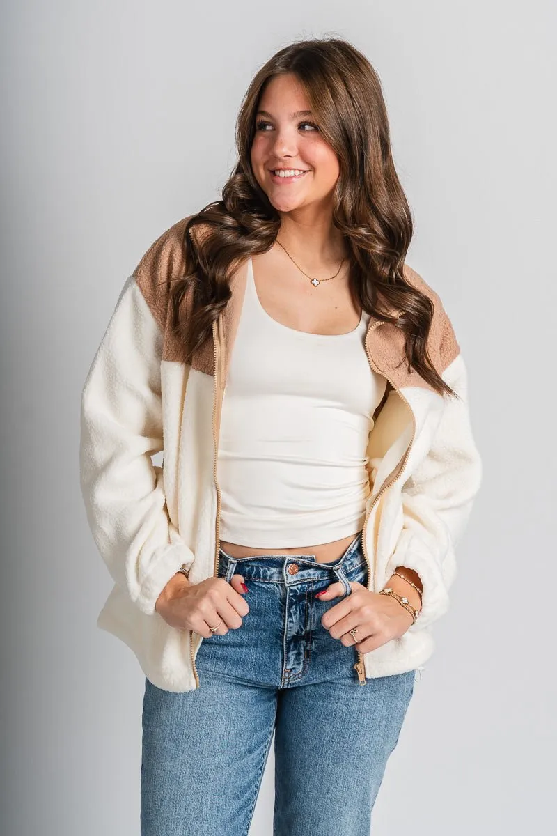 Colorblock sherpa jacket taupe/cream
