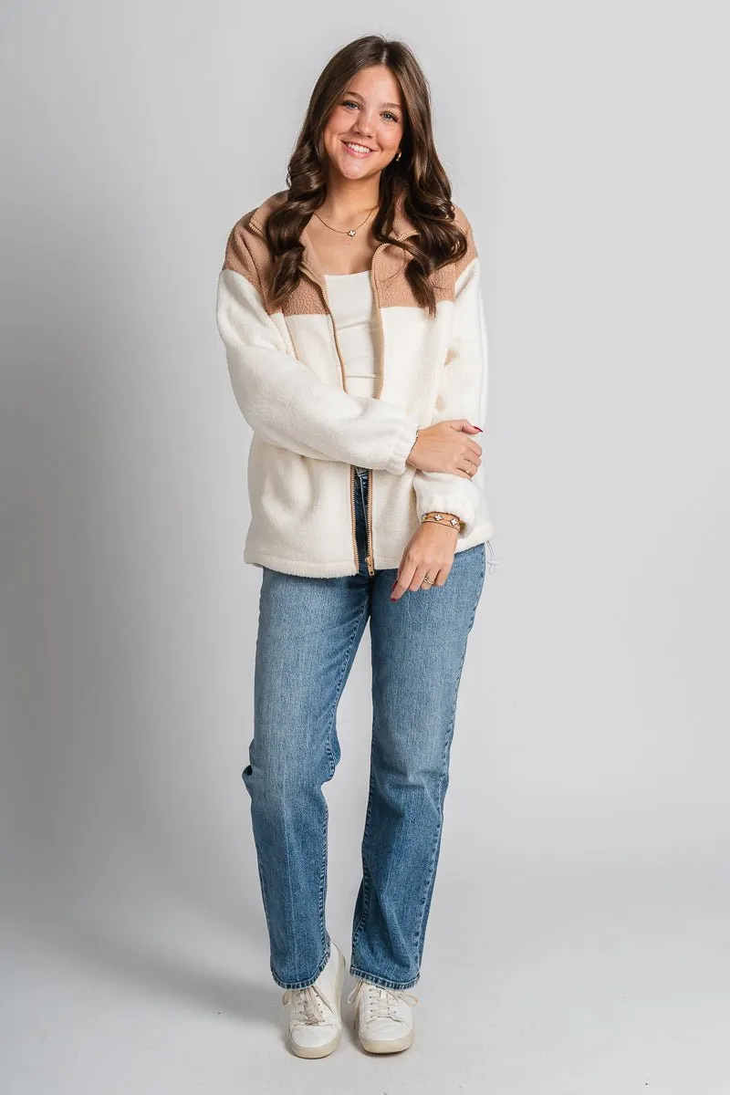 Colorblock sherpa jacket taupe/cream