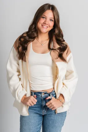 Colorblock sherpa jacket taupe/cream
