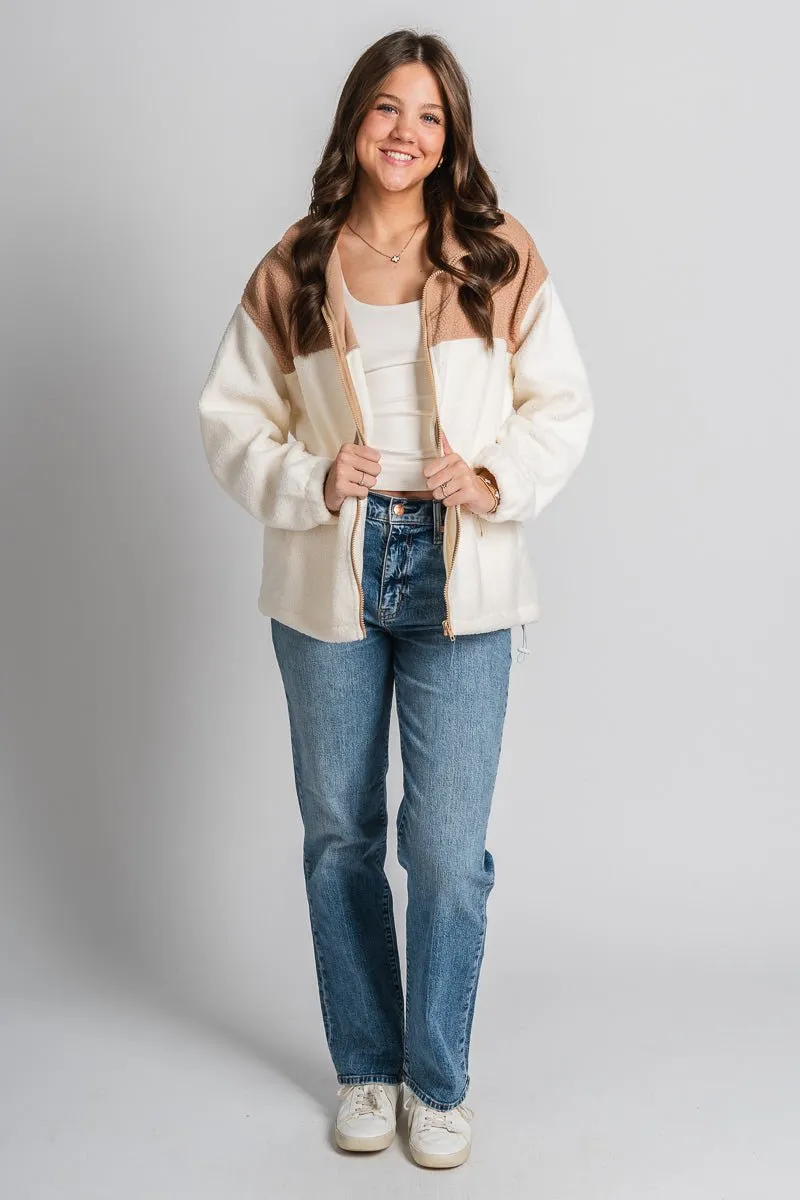 Colorblock sherpa jacket taupe/cream