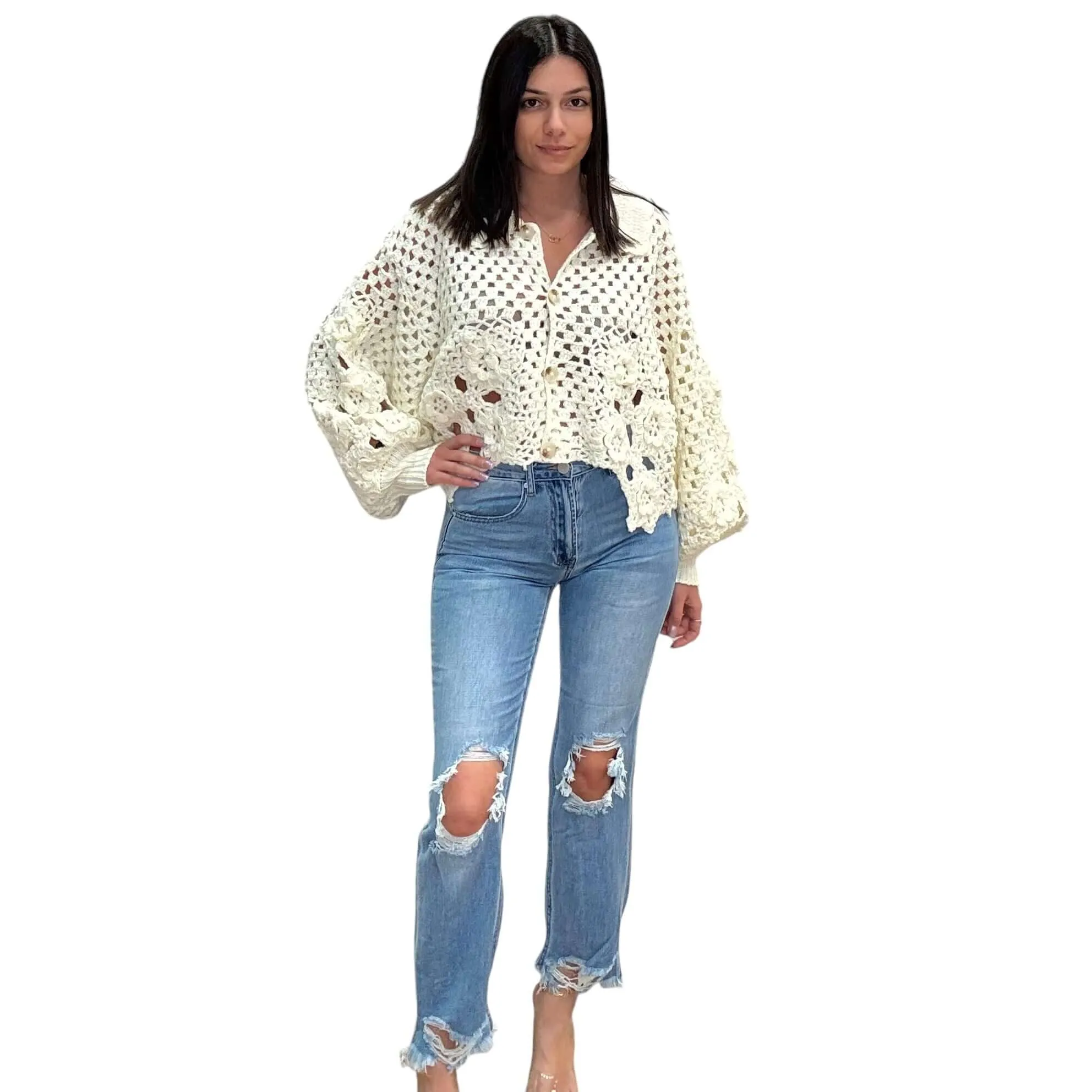 Crochet Open Knit Sweater - Ivory