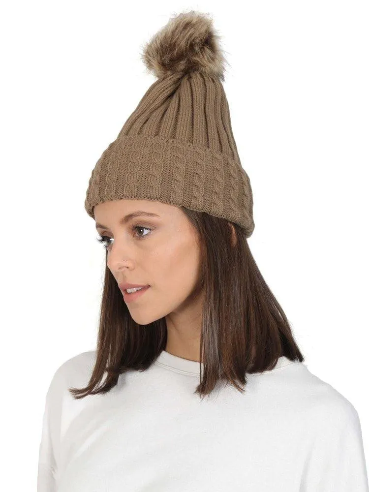 FabSeasons Acrylic Brown Woolen Winter skull cap with Pom Pom for Girls & Women