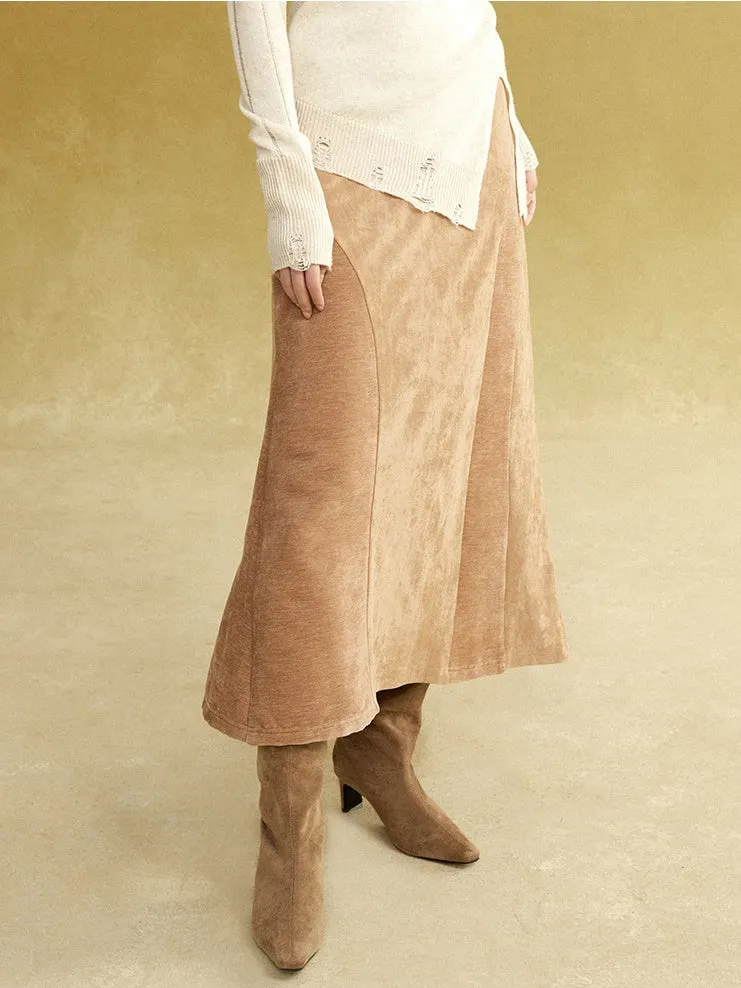 Fake Suede Curved Patchwork Skirt