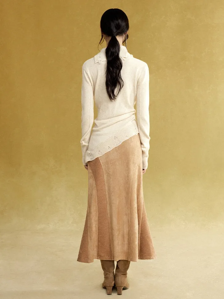 Fake Suede Curved Patchwork Skirt