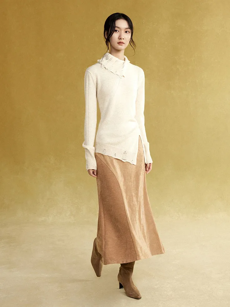 Fake Suede Curved Patchwork Skirt