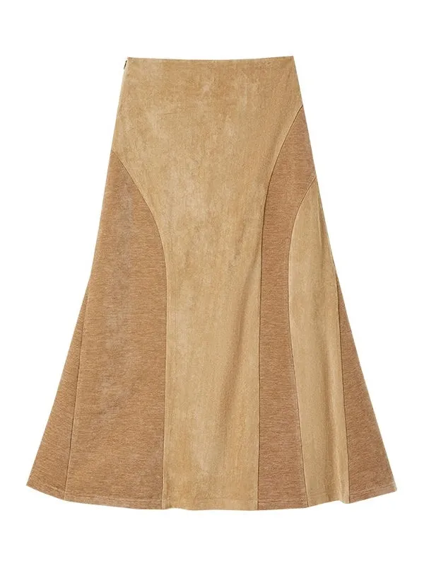 Fake Suede Curved Patchwork Skirt