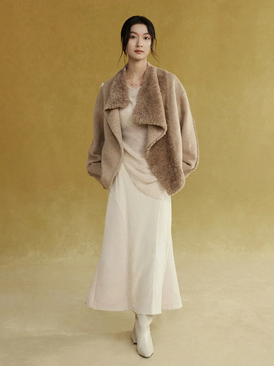 Fake Suede Curved Patchwork Skirt