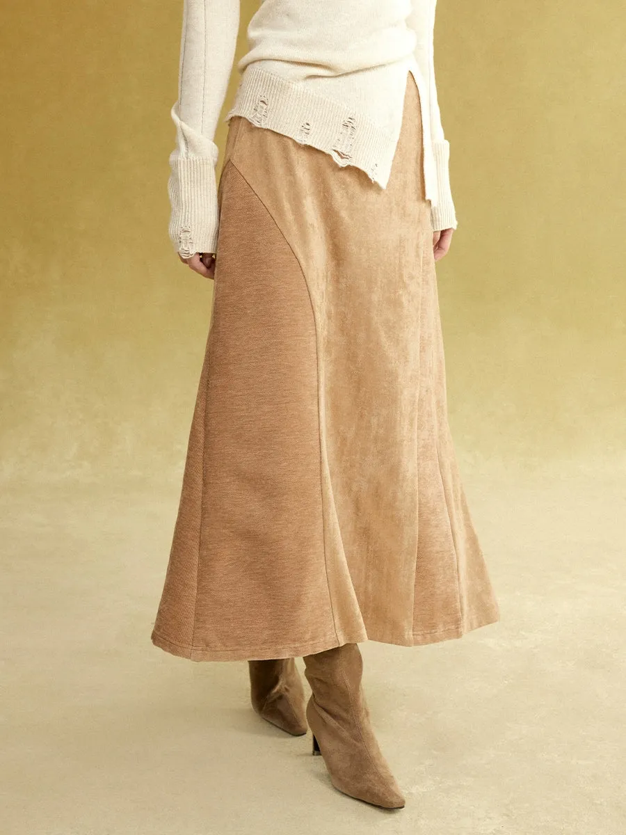 Fake Suede Curved Patchwork Skirt
