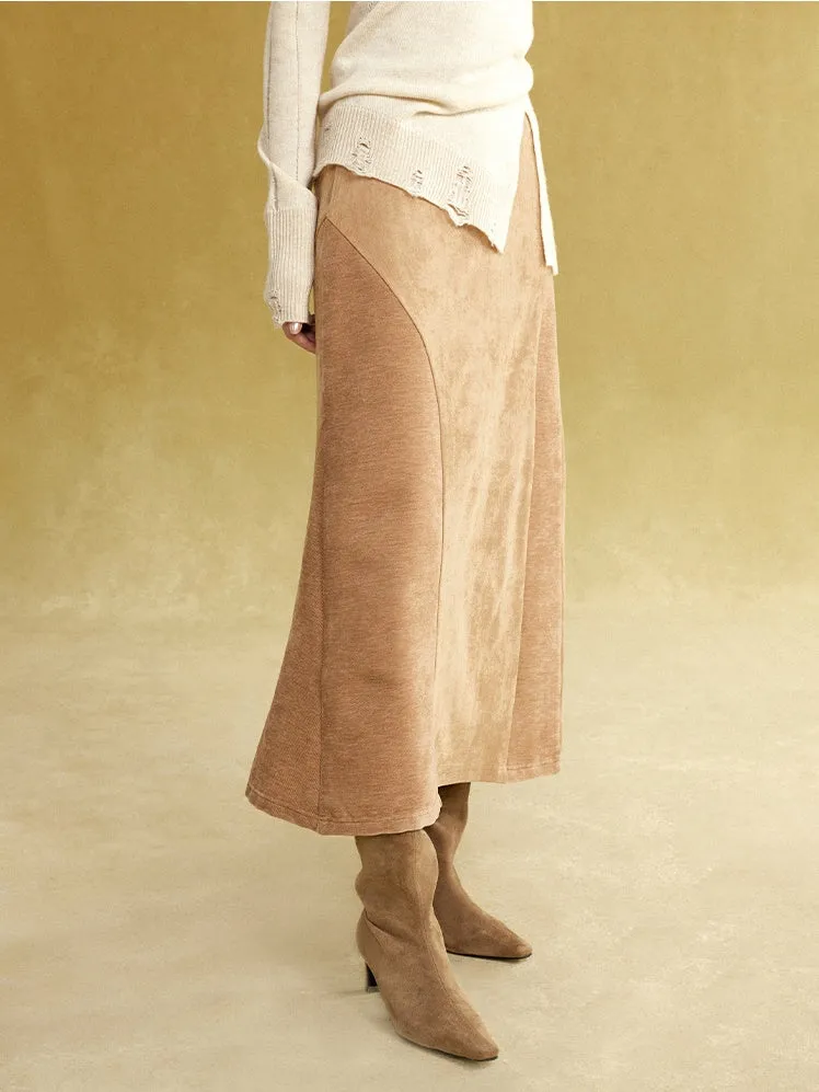 Fake Suede Curved Patchwork Skirt
