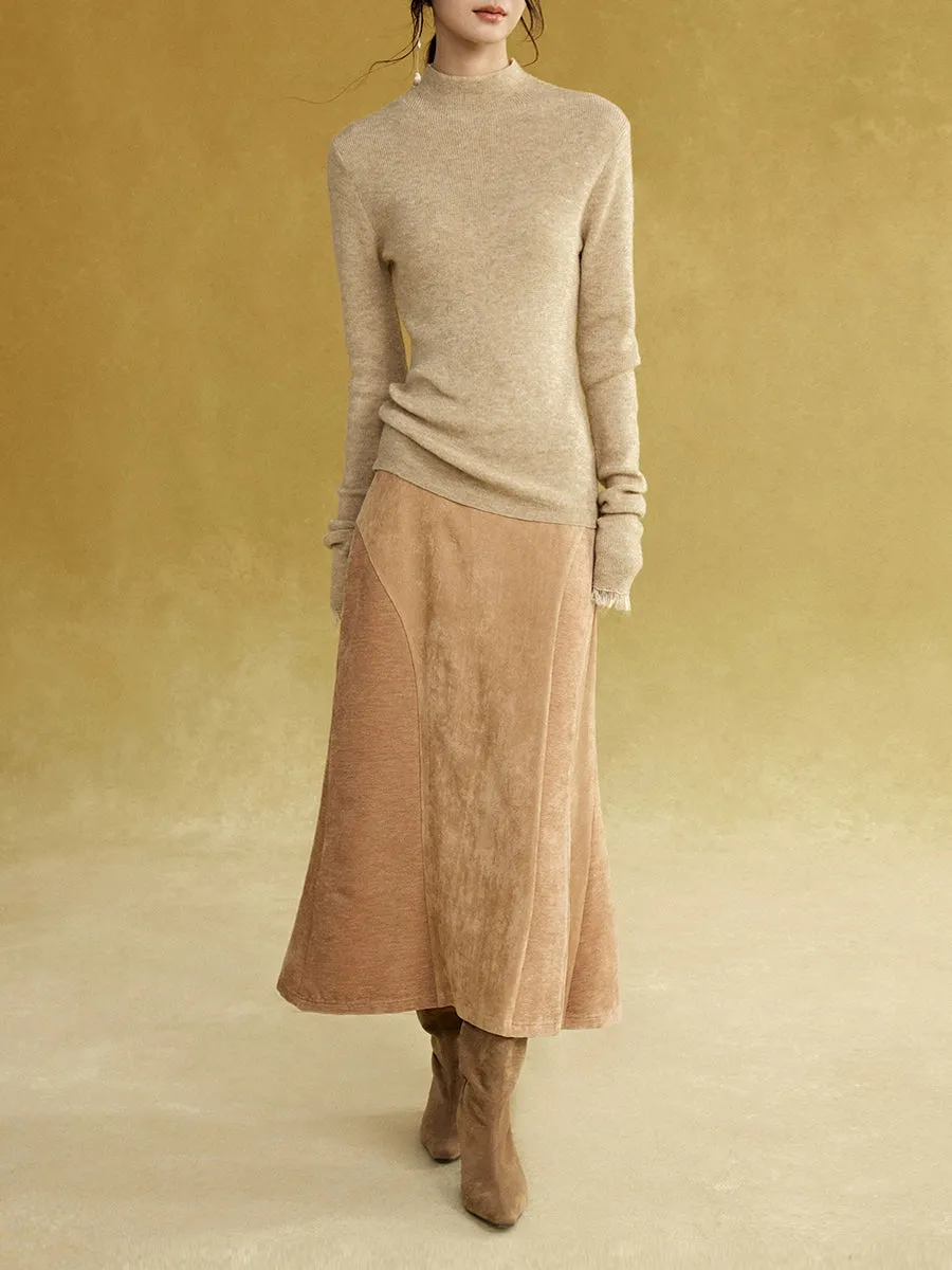 Fake Suede Curved Patchwork Skirt