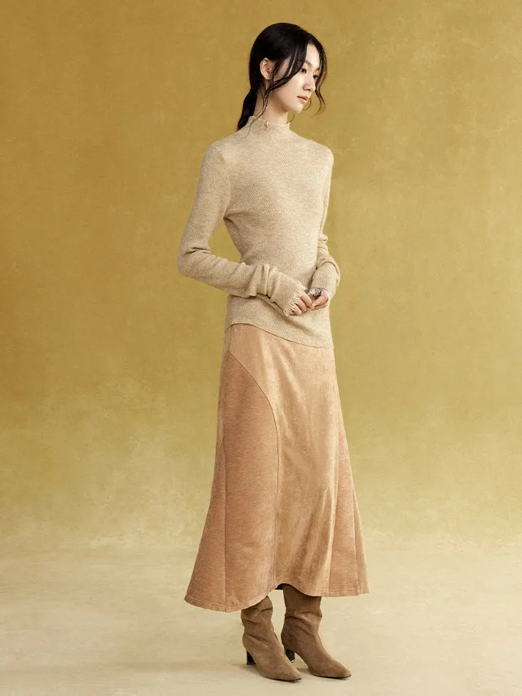 Fake Suede Curved Patchwork Skirt
