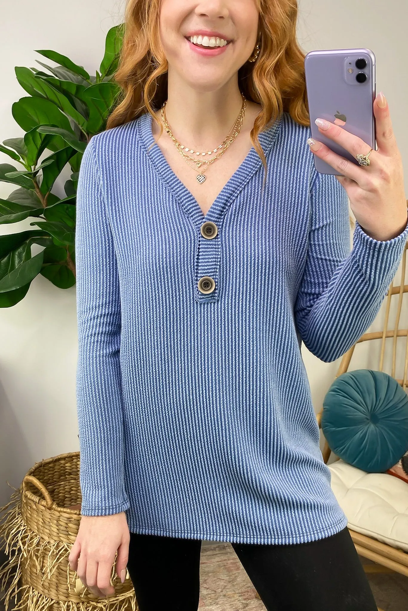 Fall Into Me Ribbed Henley Button Top - FINAL SALE