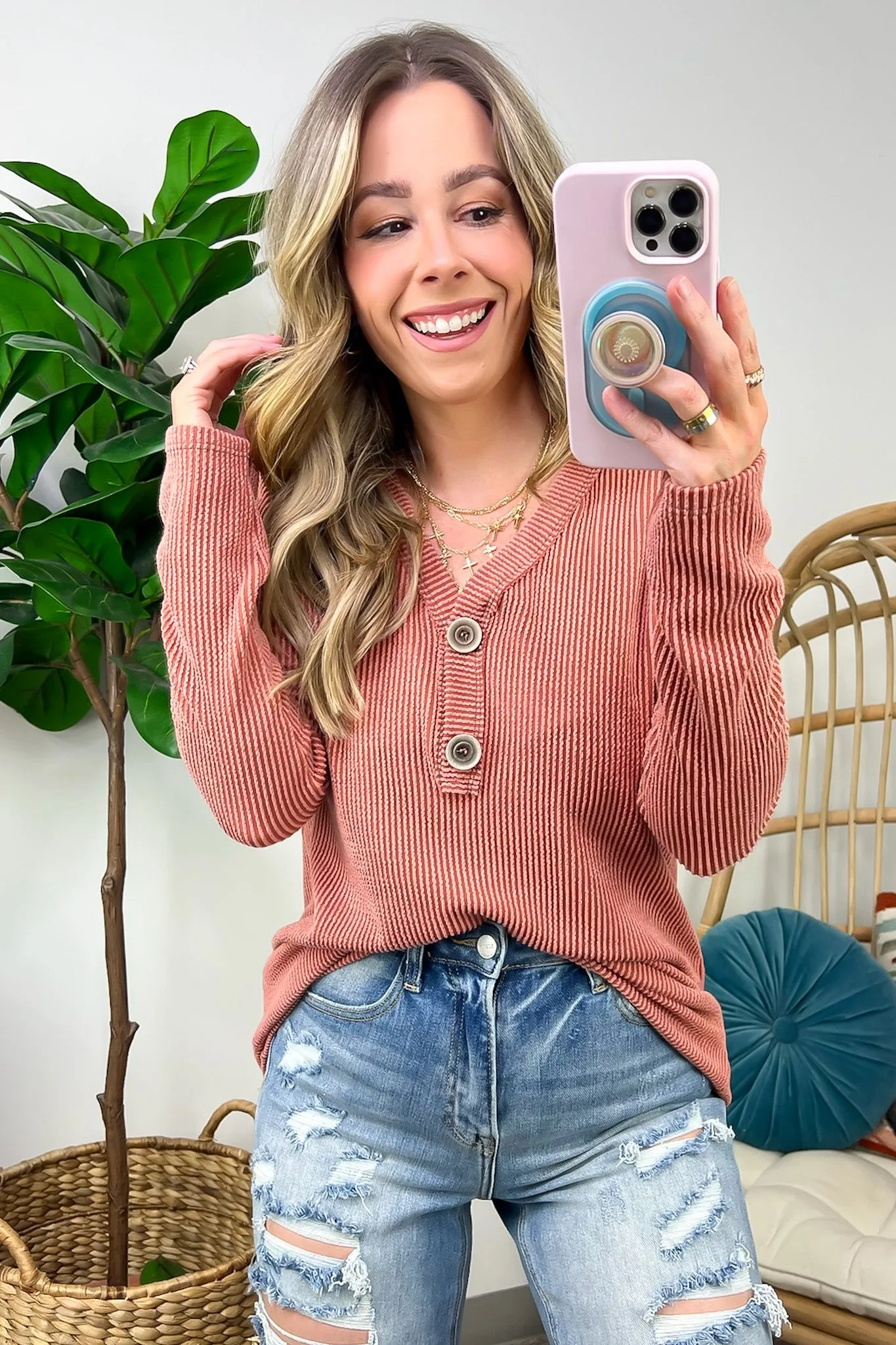 Fall Into Me Ribbed Henley Button Top - FINAL SALE