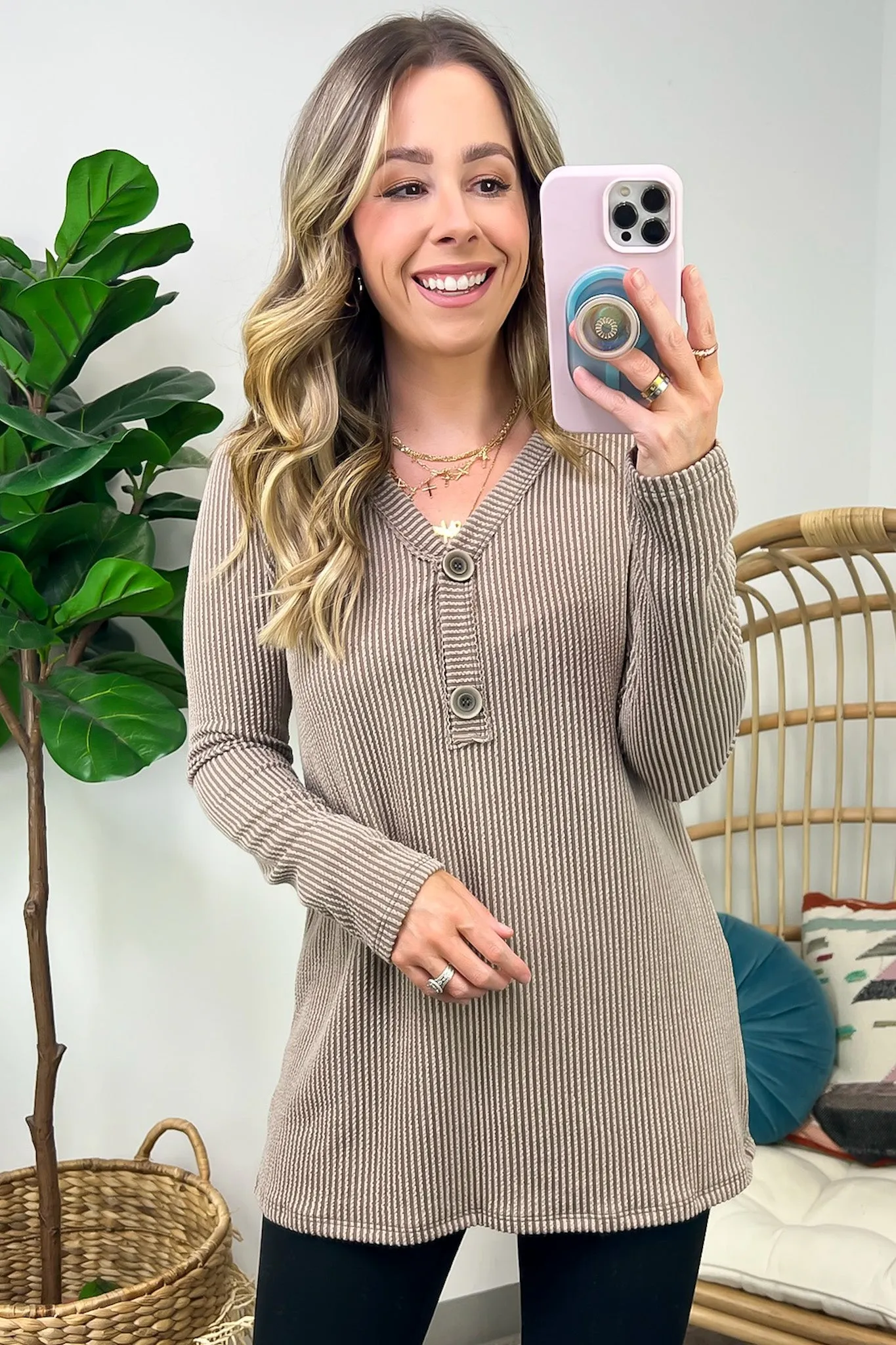 Fall Into Me Ribbed Henley Button Top - FINAL SALE