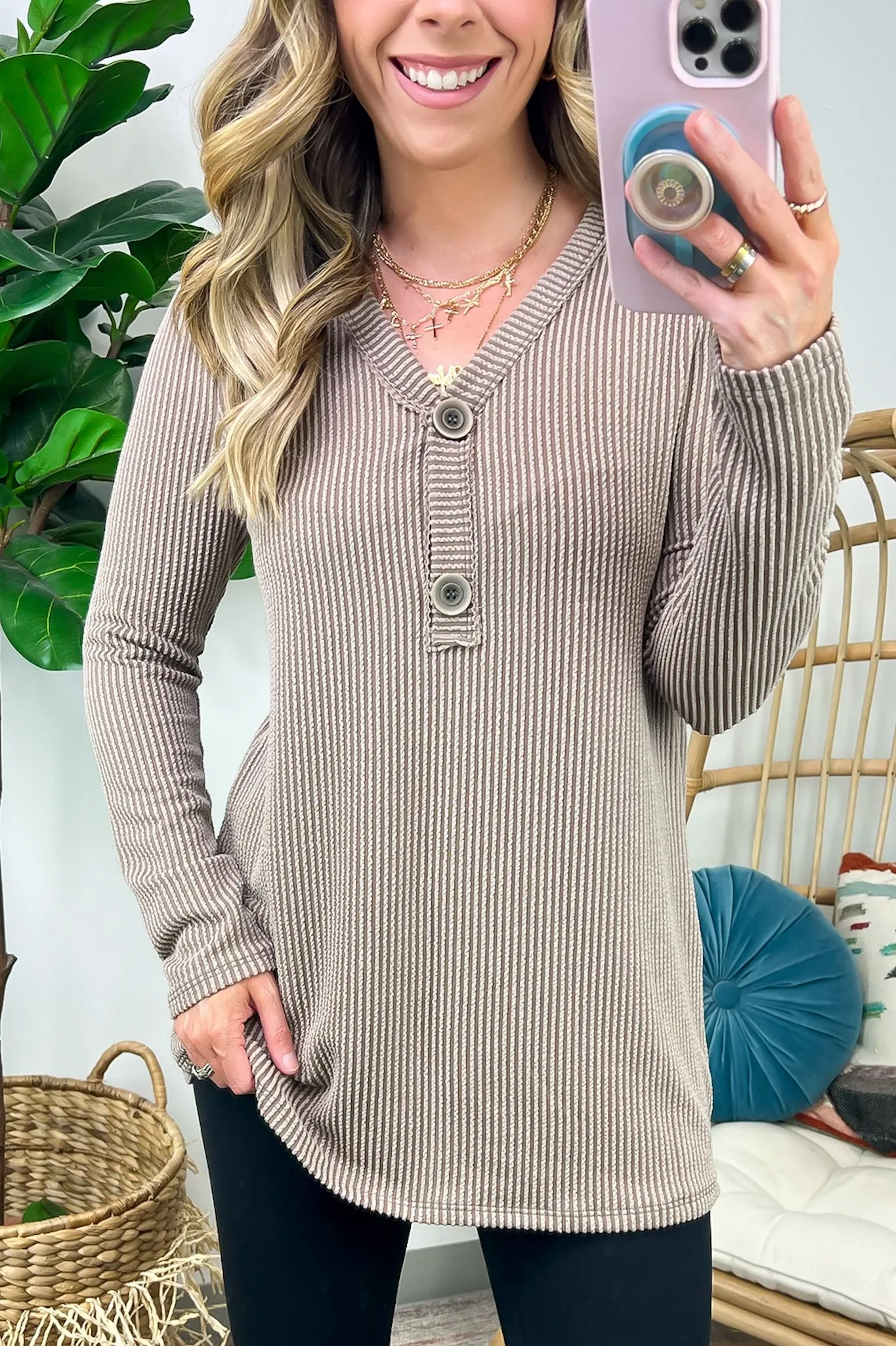 Fall Into Me Ribbed Henley Button Top - FINAL SALE