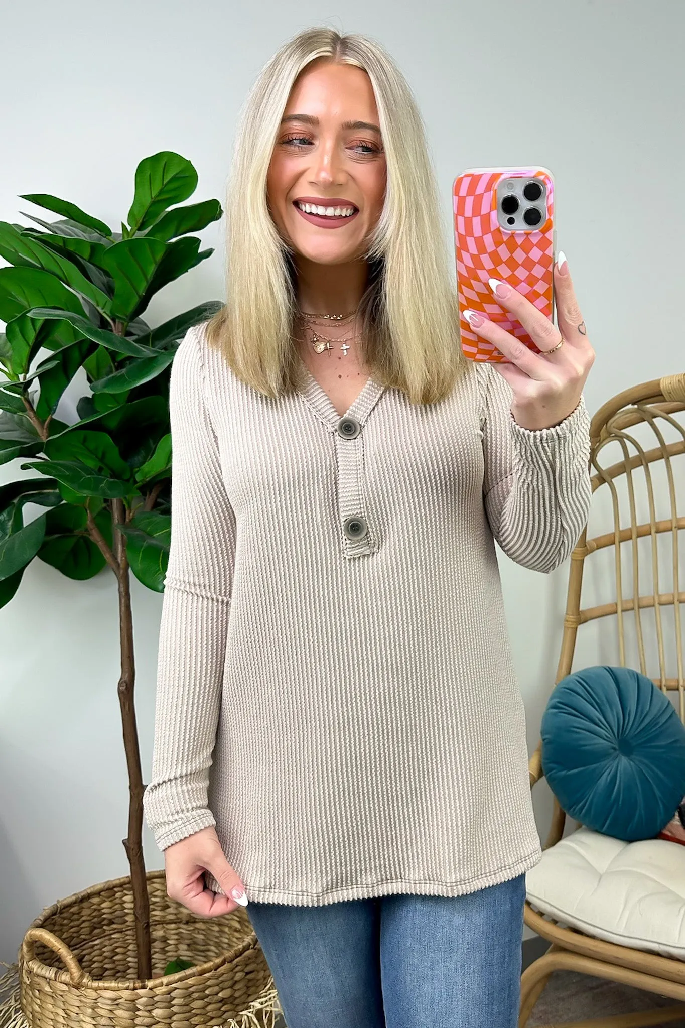 Fall Into Me Ribbed Henley Button Top - FINAL SALE
