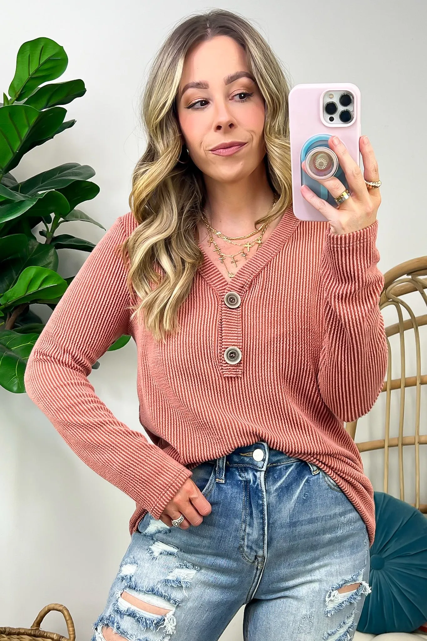Fall Into Me Ribbed Henley Button Top - FINAL SALE