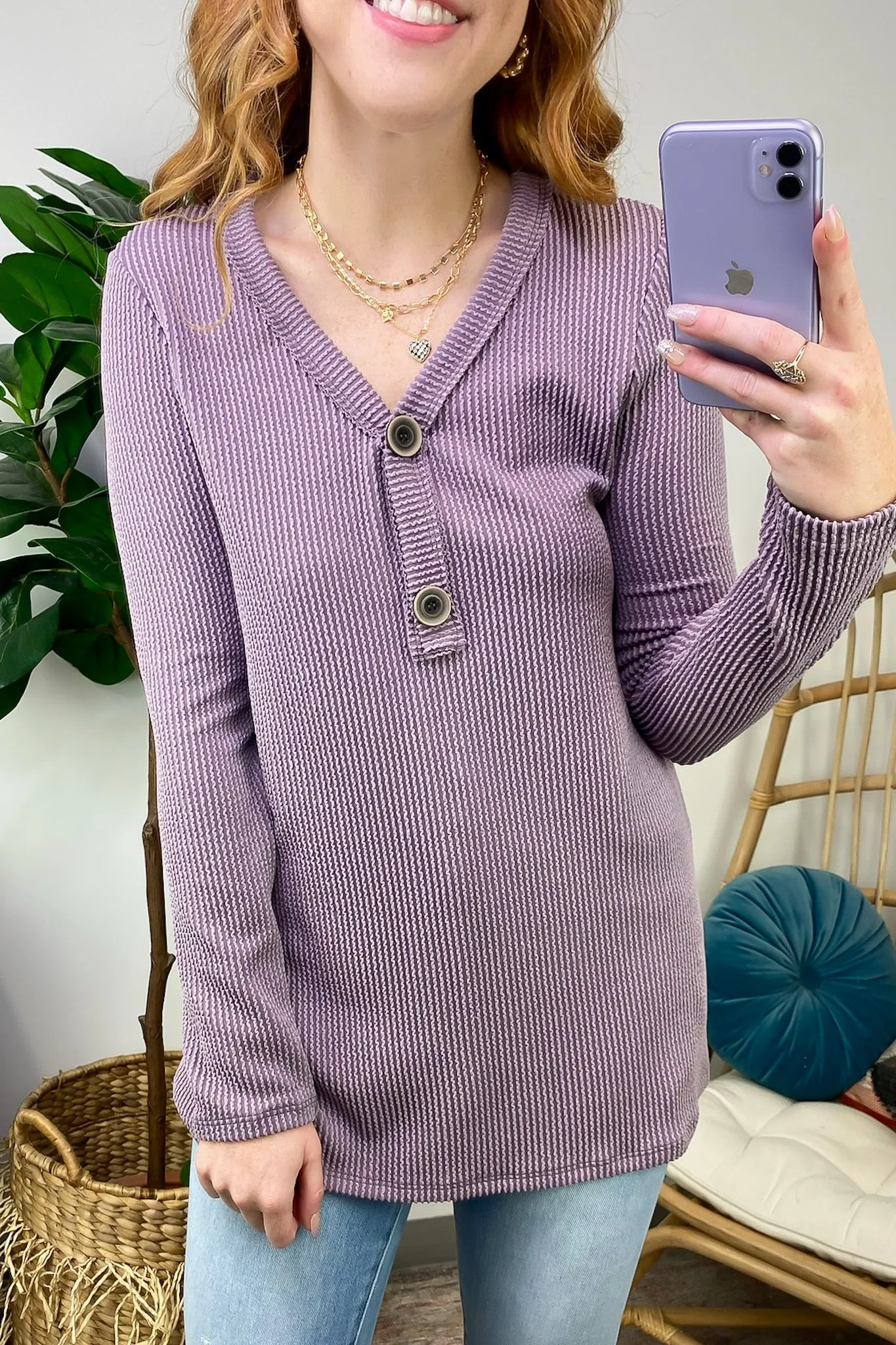 Fall Into Me Ribbed Henley Button Top - FINAL SALE