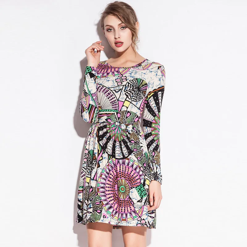 Fashion Print models Waist Wrinked One Piece Cotton Dresses