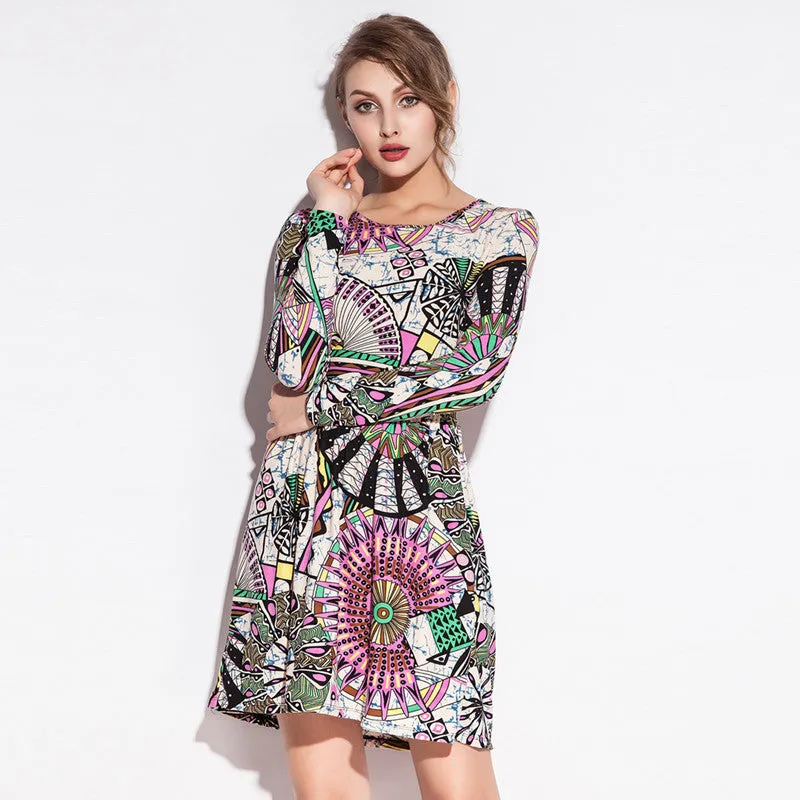 Fashion Print models Waist Wrinked One Piece Cotton Dresses
