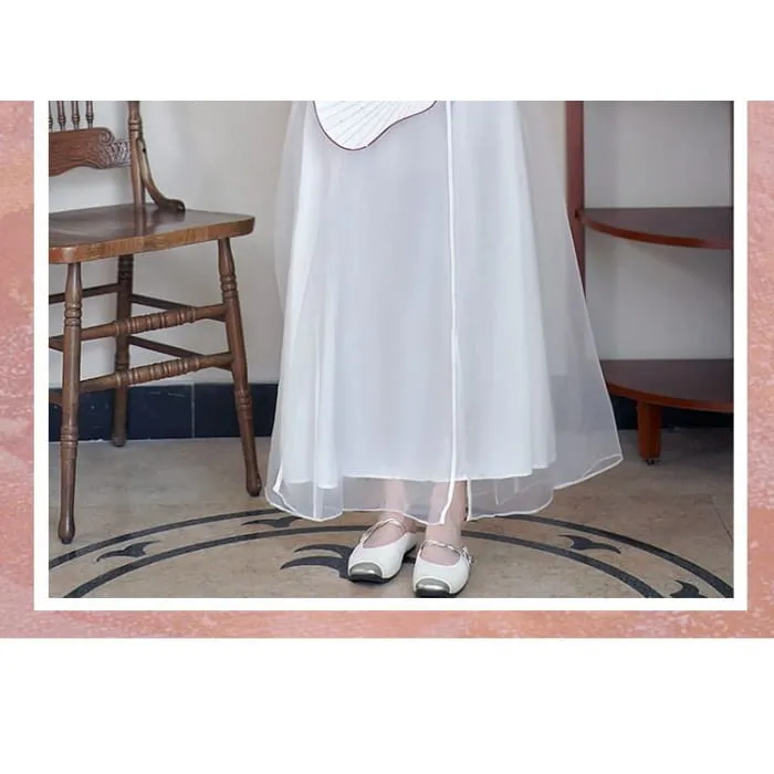 Flared-Sleeve Flower Embroidered Blouse / High Rise Plain Maxi A-Line Skirt