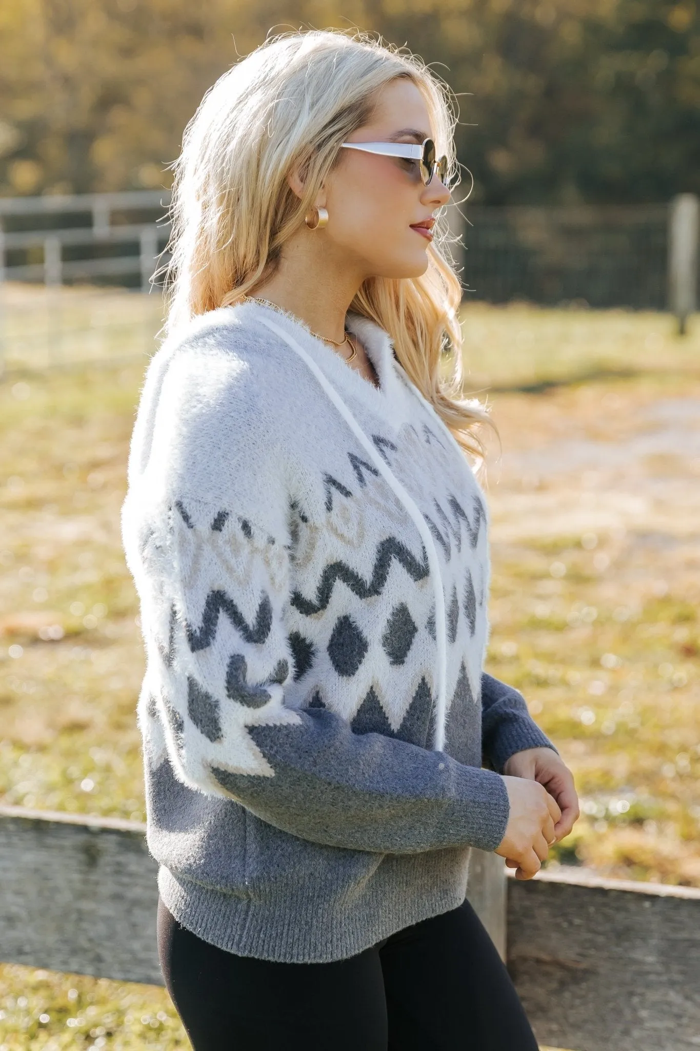 Fuzzy Grey Nordic Print Hooded Sweater