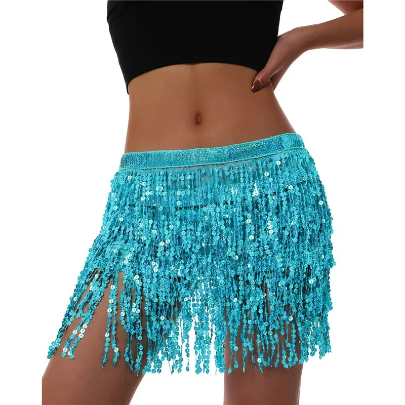 Glitter Tassel Fringe Sequined Metallic Adjustable Waist Dancer/Performance Skirt/Salsa Mini Skirt