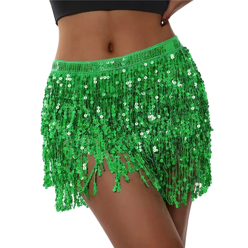 Glitter Tassel Fringe Sequined Metallic Adjustable Waist Dancer/Performance Skirt/Salsa Mini Skirt