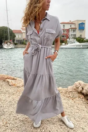 GNS Women's Gray Half Pleated Skirt with Self-Belted Loose Dress Bst3336 - Wuppertal