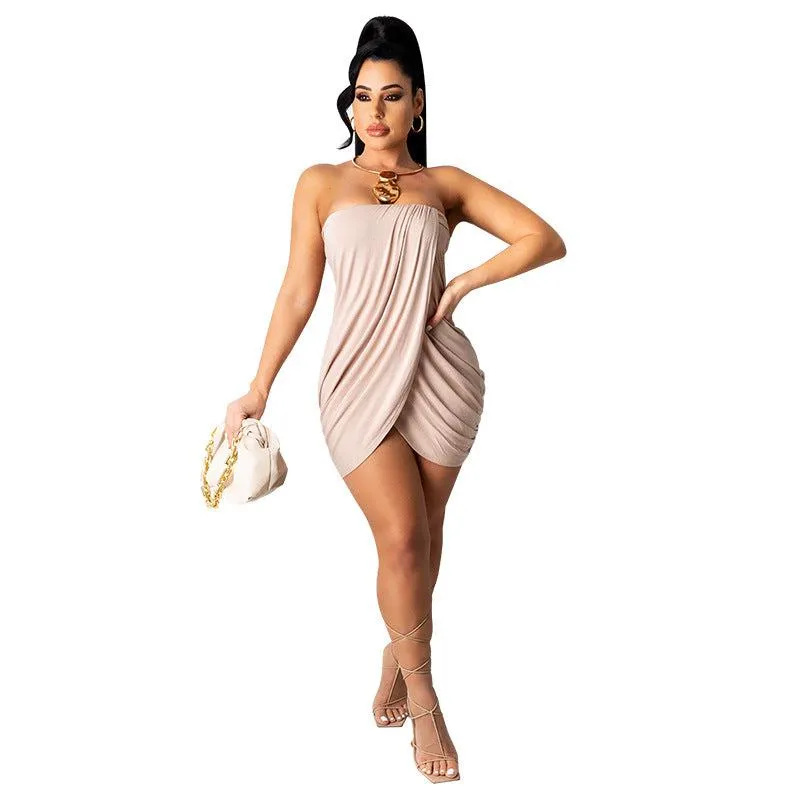 Irregular Asymmetric Pleating Strapless Dress