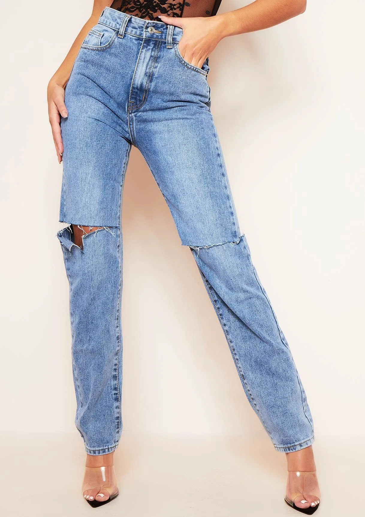 Kady Dark Blue Mid Wash Slashed Knee Straight Leg Jeans