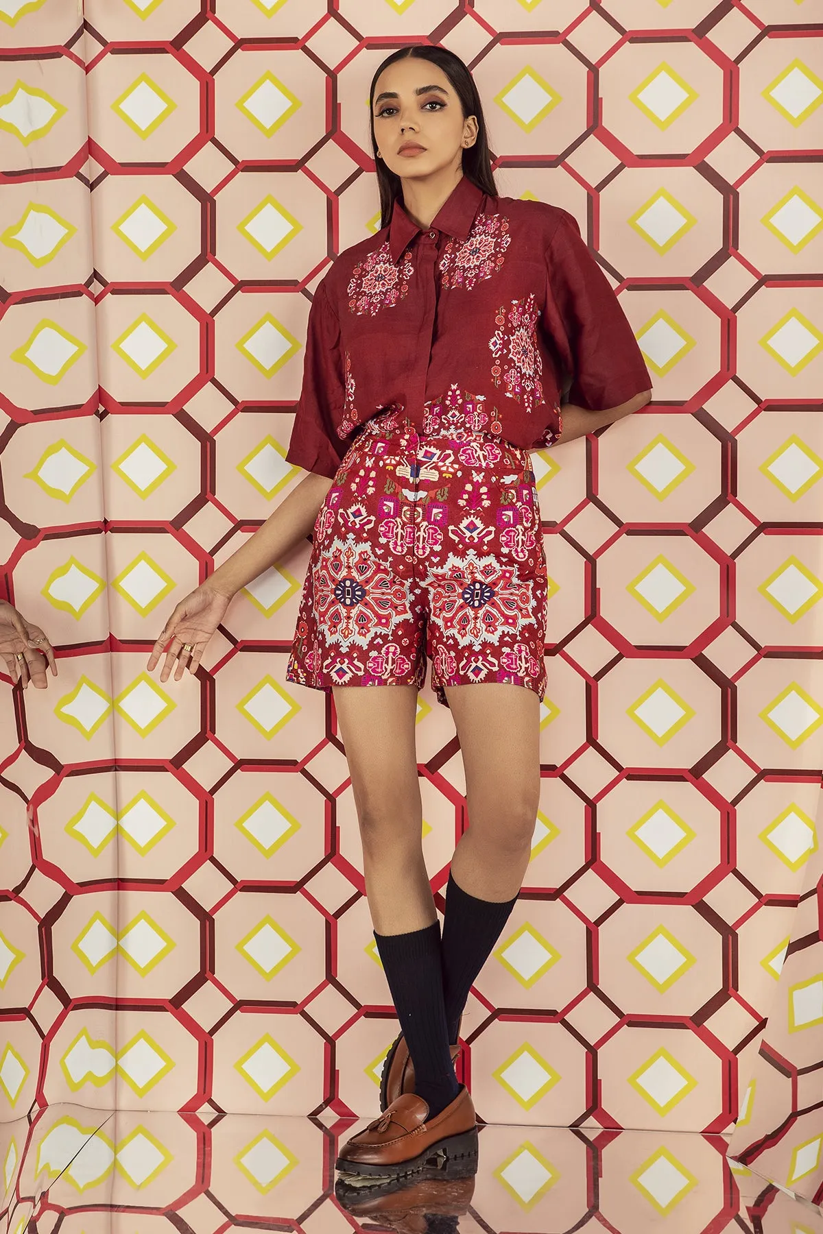 Kashan Red Print Cropped Shirt in Handloom Organic Banana Silk