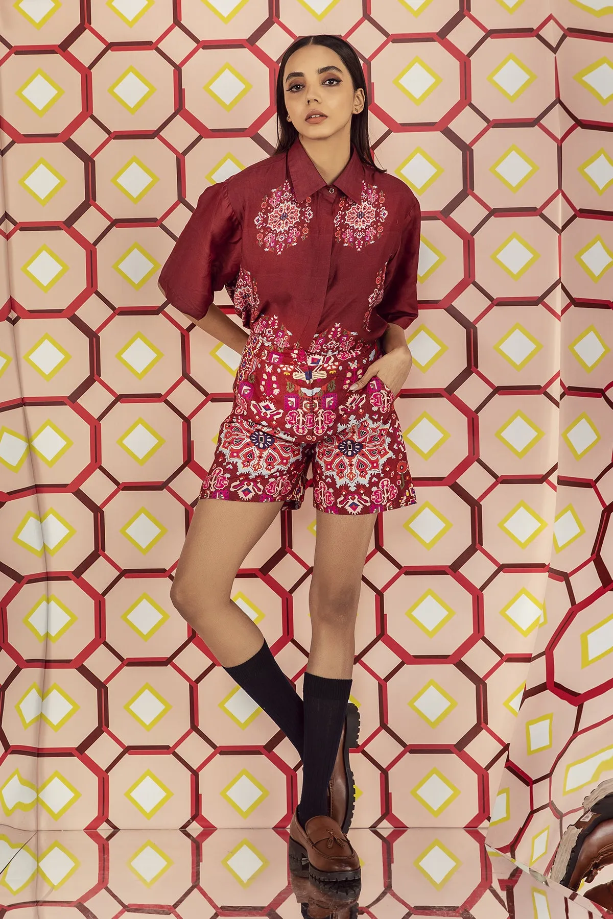 Kashan Red Print Cropped Shirt in Handloom Organic Banana Silk