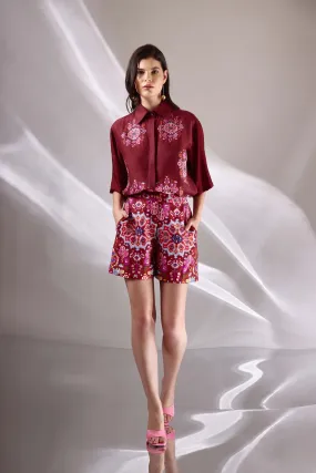 Kashan Red Print Cropped Shirt in Handloom Organic Banana Silk