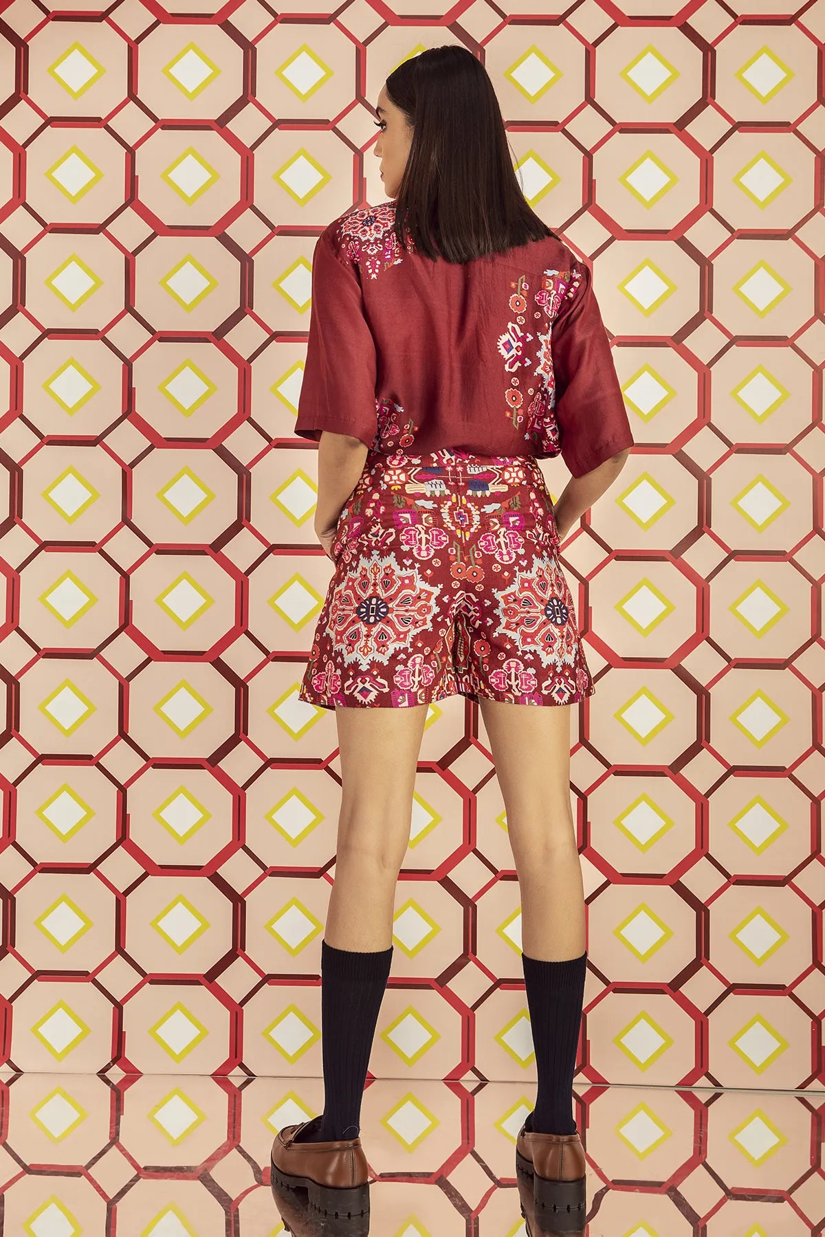 Kashan Red Print Cropped Shirt in Handloom Organic Banana Silk