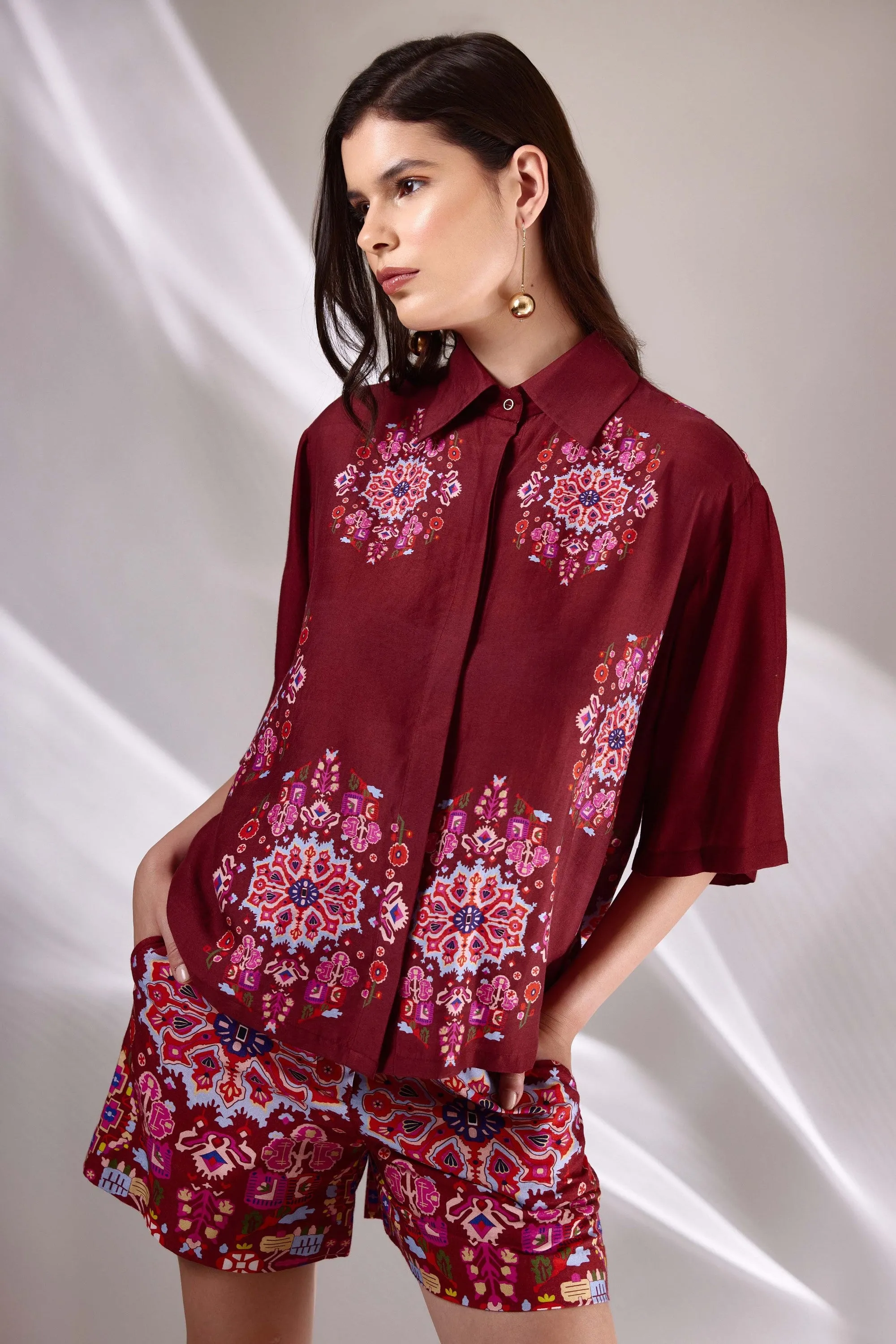 Kashan Red Print Cropped Shirt in Handloom Organic Banana Silk