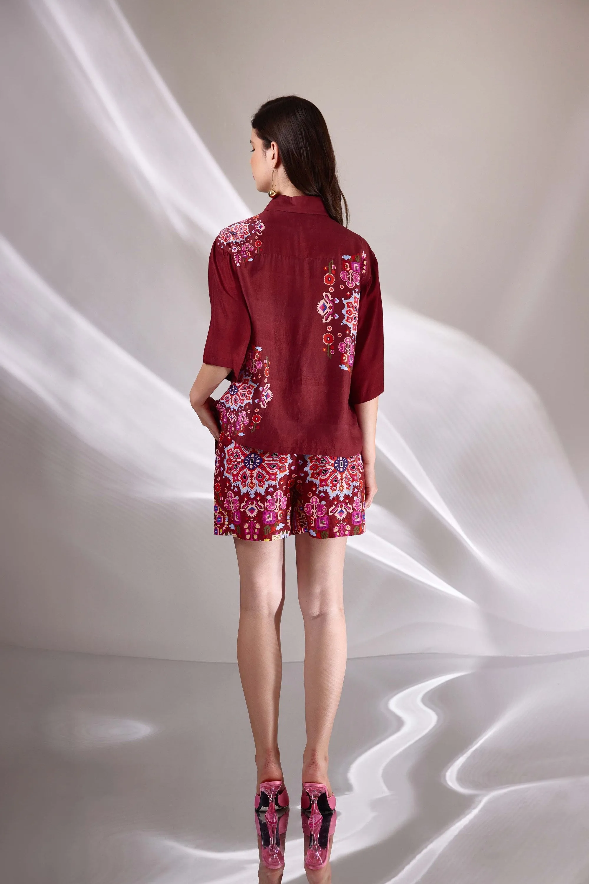 Kashan Red Print Cropped Shirt in Handloom Organic Banana Silk