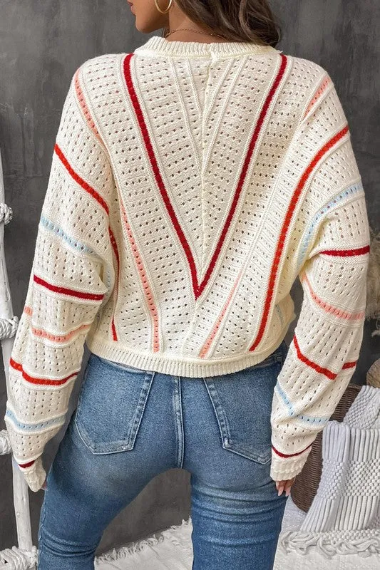 Knitted Dolman Sleeve Pullover - Ivory/Multi