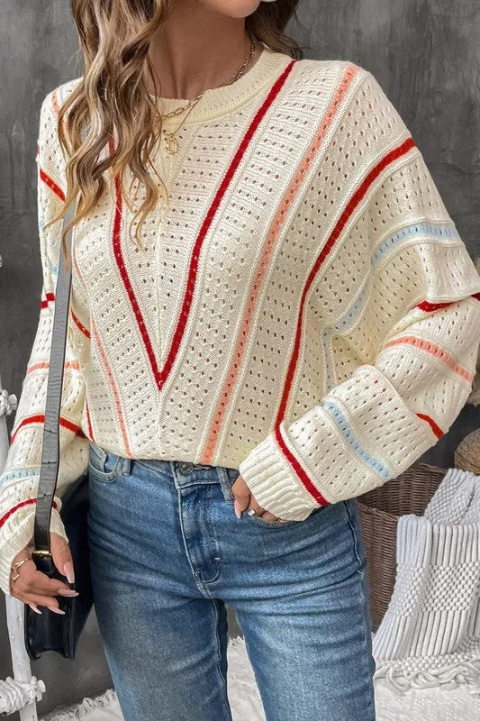 Knitted Dolman Sleeve Pullover - Ivory/Multi