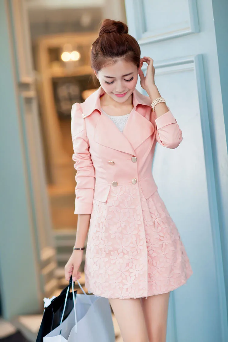 Lace Patchwork Turn-down Collar Slim Button Mid-length Coat